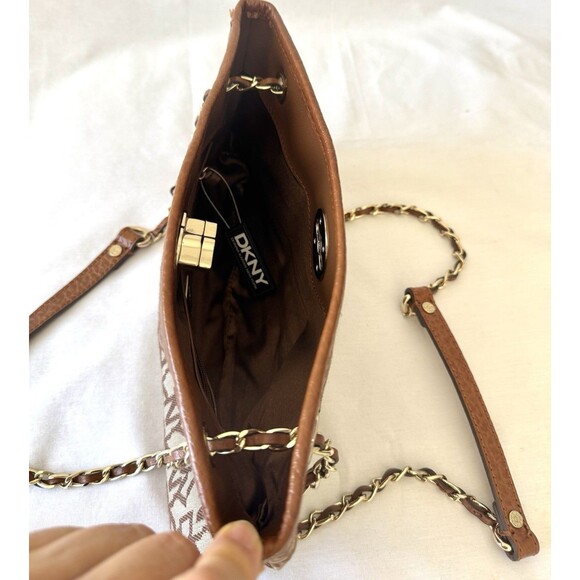 DKNY Brown Monogram Jacquard Logo Chain Strap Small Crossbody Shoulder Bag - Picture 11 of 16